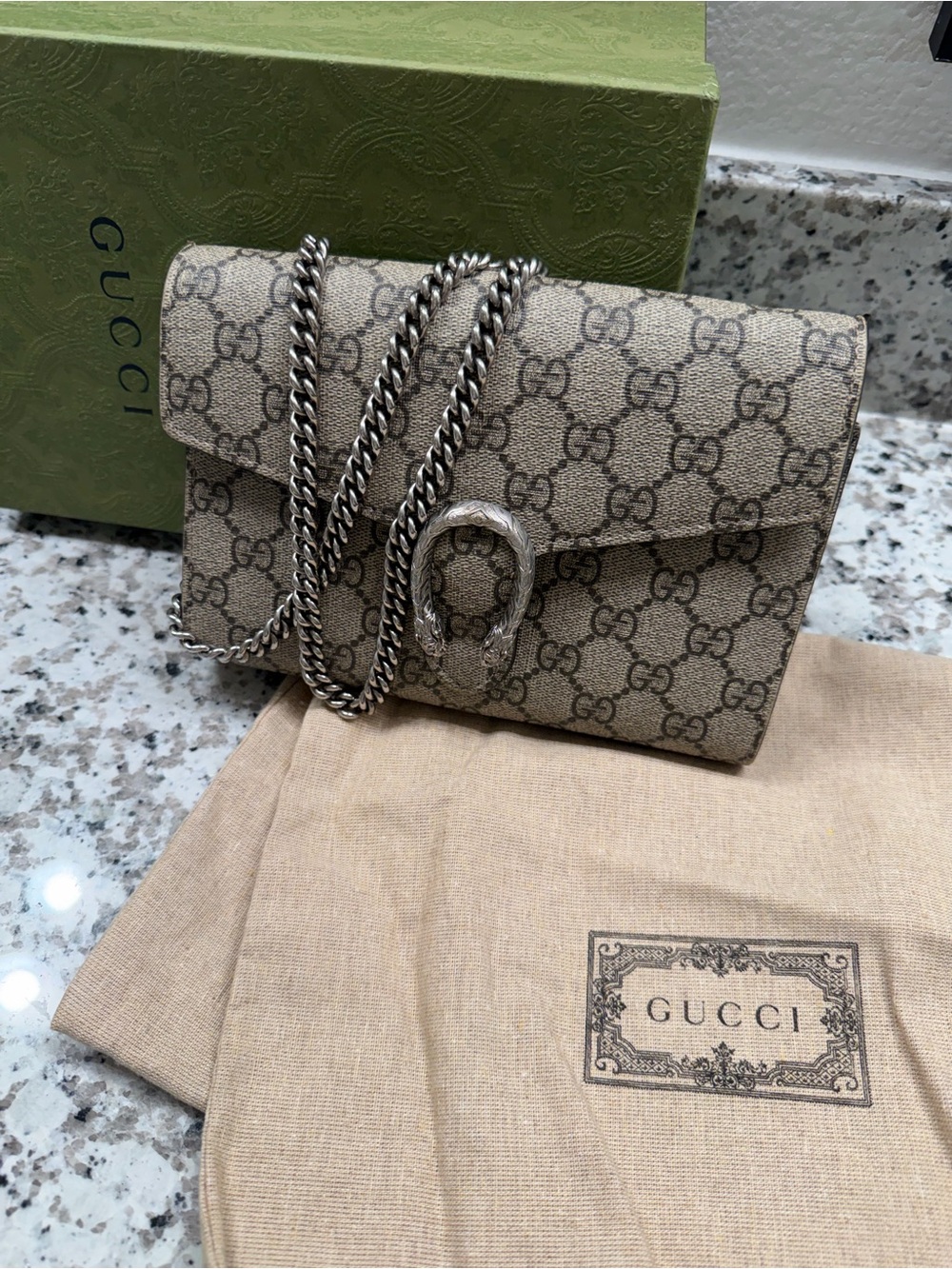 Gucci Brown GG Supreme Dionysus Crossbody with Silver Chain